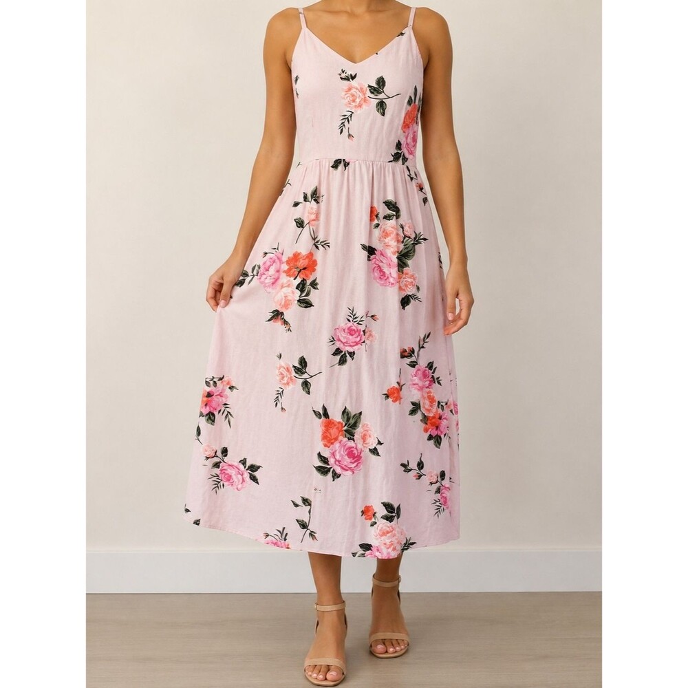 Old Navy Pink Floral Linen Blend Cami Midi Dress Small Cottagecore Summer Sundre